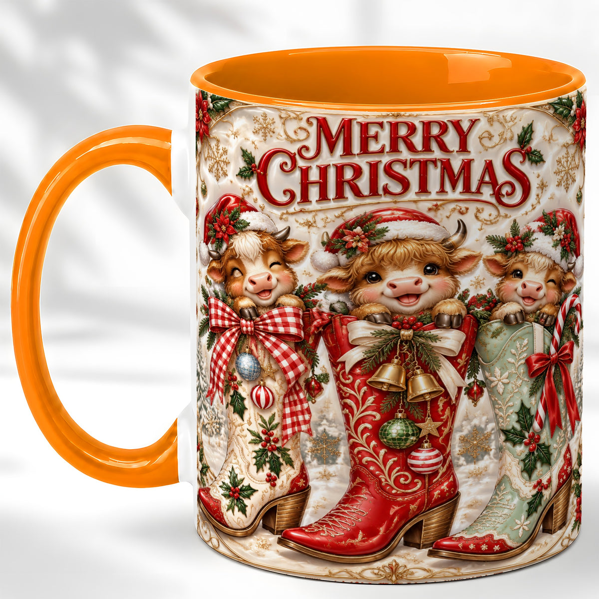 #pl[11oz|Orange] Christmas Cow Cowboy Boots Coffee Mug, Western Cow Mug, Ceramic Cup