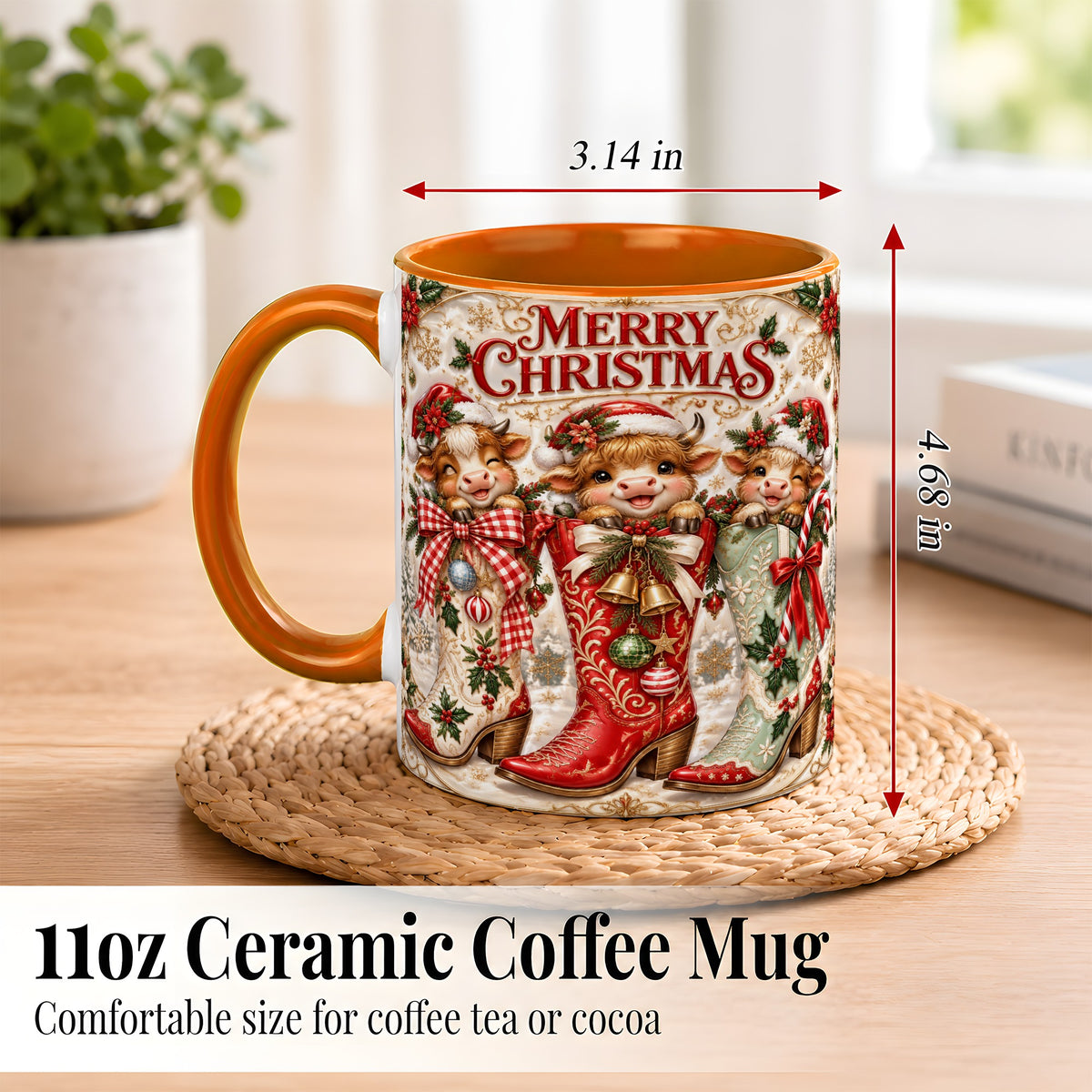 #pl[11oz|Orange] Christmas Cow Cowboy Boots Coffee Mug, Western Cow Mug, Ceramic Cup