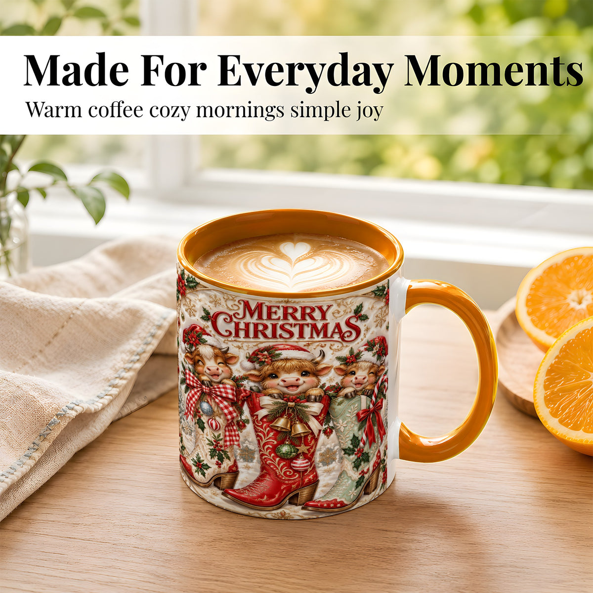 #pl[11oz|Orange] Christmas Cow Cowboy Boots Coffee Mug, Western Cow Mug, Ceramic Cup