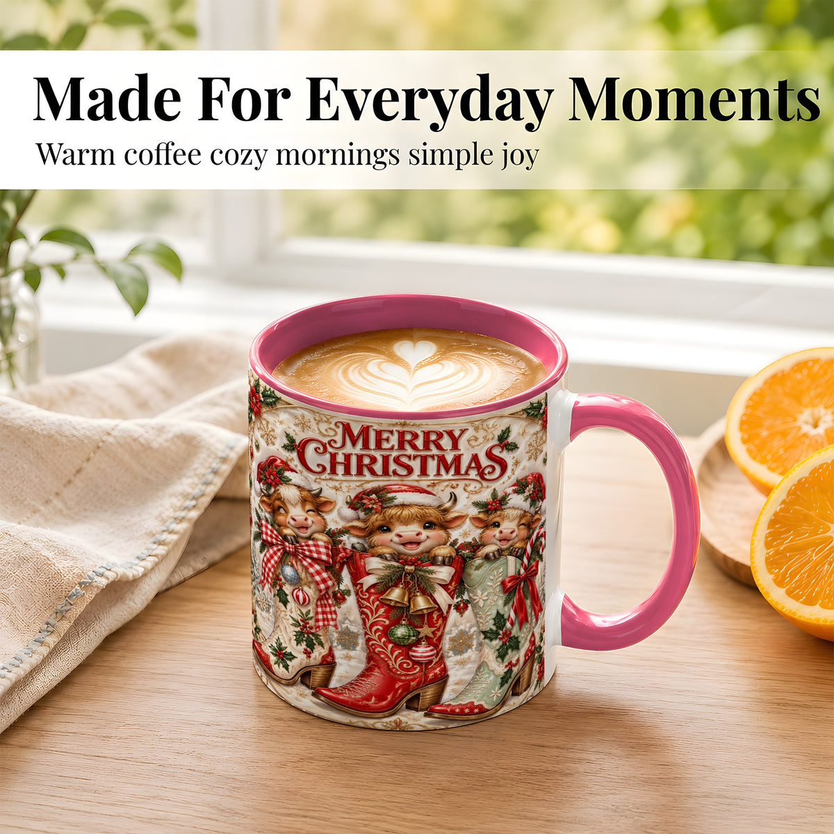#pl[11oz|Pink] Christmas Cow Cowboy Boots Coffee Mug, Western Cow Mug, Ceramic Cup