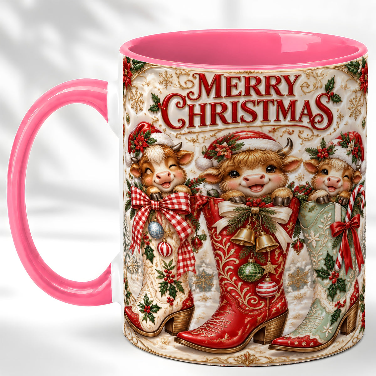 #pl[11oz|Pink] Christmas Cow Cowboy Boots Coffee Mug, Western Cow Mug, Ceramic Cup