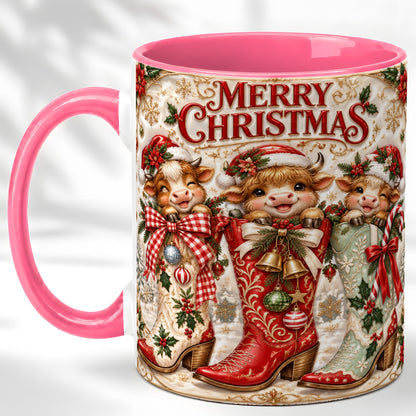 #pl[11oz|Pink] Christmas Cow Cowboy Boots Coffee Mug, Western Cow Mug, Ceramic Cup