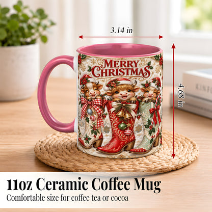 #pl[11oz|Pink] Christmas Cow Cowboy Boots Coffee Mug, Western Cow Mug, Ceramic Cup