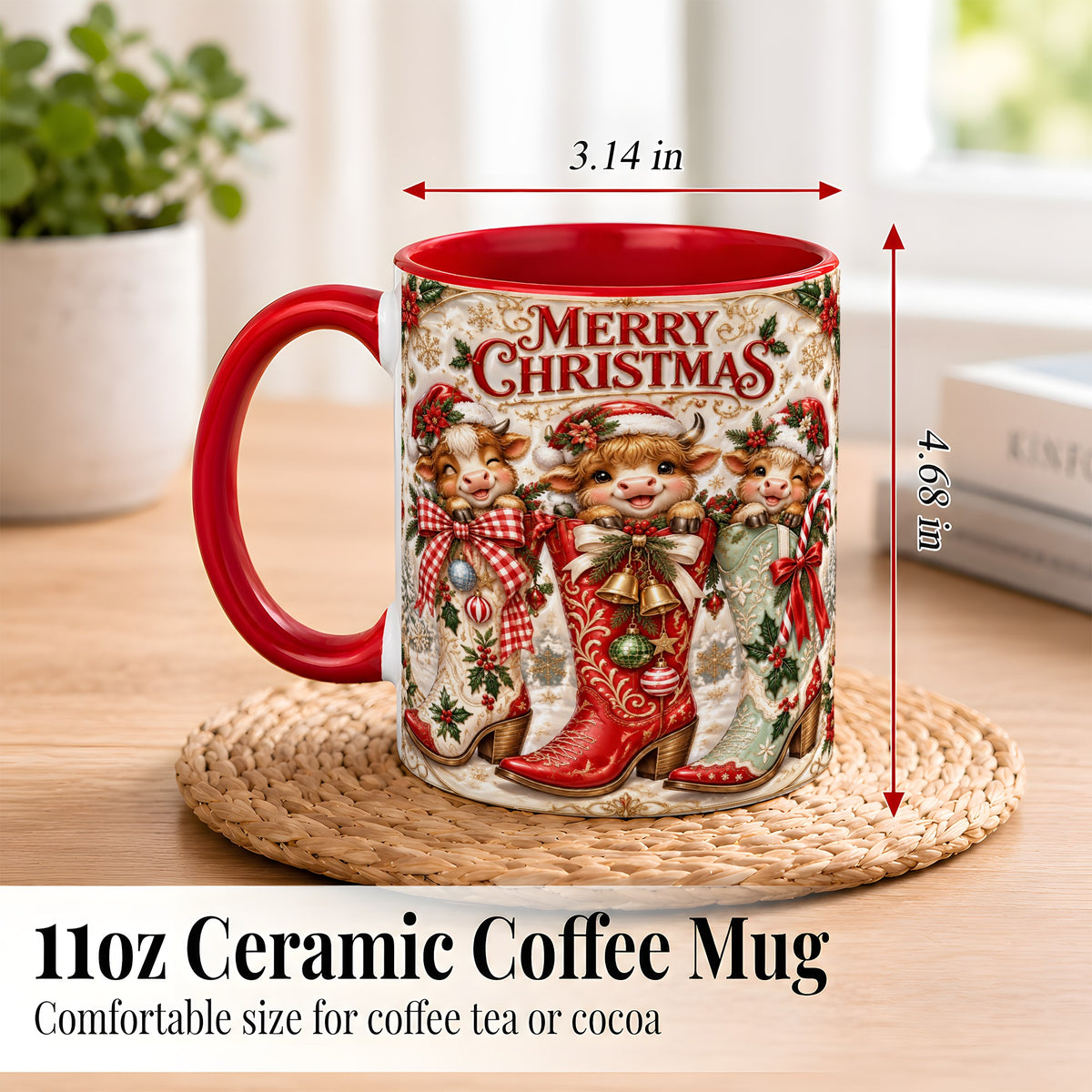 #pl[11oz|Red] Christmas Cow Cowboy Boots Coffee Mug, Western Cow Mug, Ceramic Cup