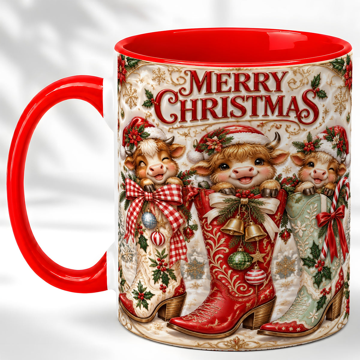 #pl[11oz|Red] Christmas Cow Cowboy Boots Coffee Mug, Western Cow Mug, Ceramic Cup