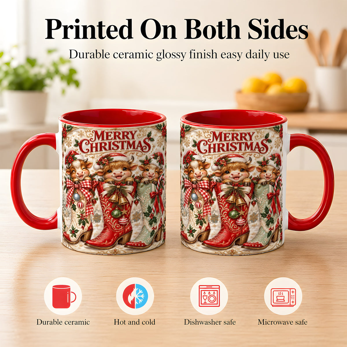 #pl[11oz|Red] Christmas Cow Cowboy Boots Coffee Mug, Western Cow Mug, Ceramic Cup