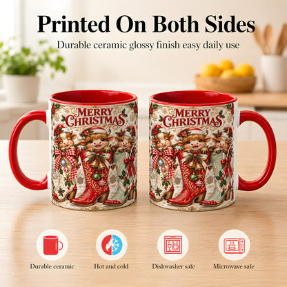 #pl[11oz|Red] Christmas Cow Cowboy Boots Coffee Mug, Western Cow Mug, Ceramic Cup