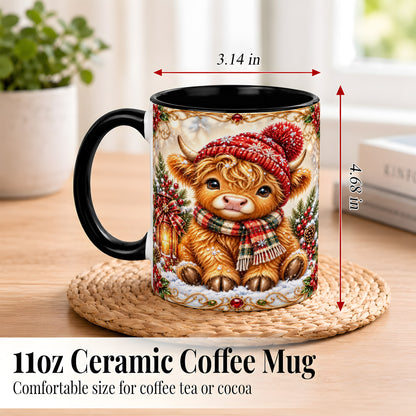 #pl[11oz|Black] Christmas Highland Cow Coffee Mug, Winter Cow Mug, Ceramic Cup