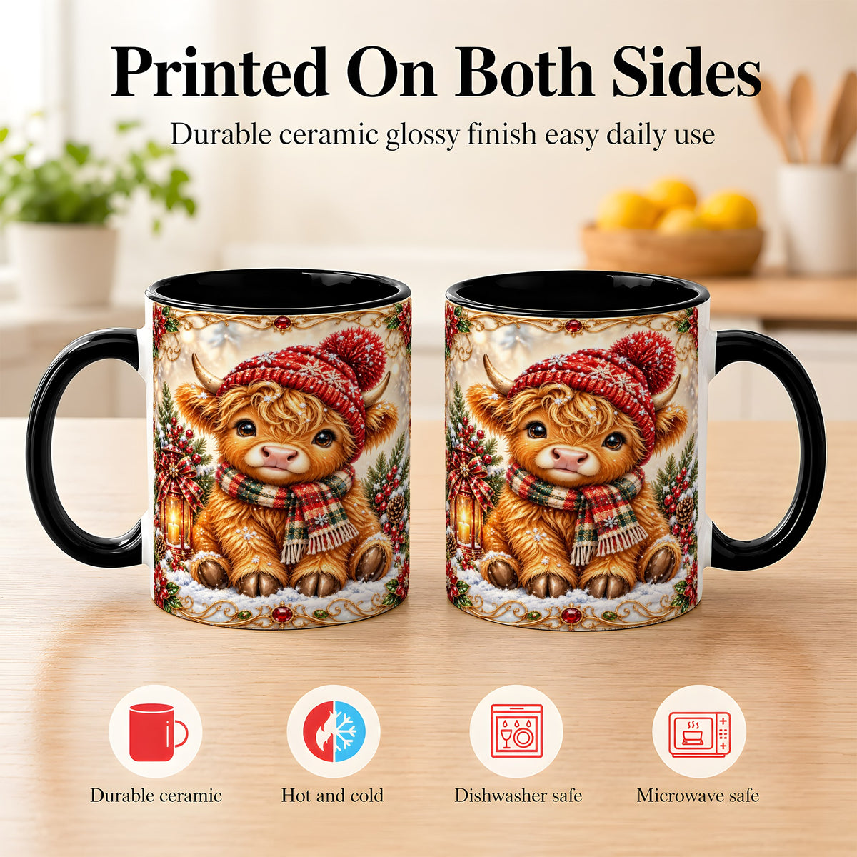#pl[11oz|Black] Christmas Highland Cow Coffee Mug, Winter Cow Mug, Ceramic Cup