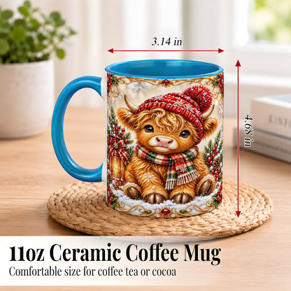 #pl[11oz|Blue] Christmas Highland Cow Coffee Mug, Winter Cow Mug, Ceramic Cup