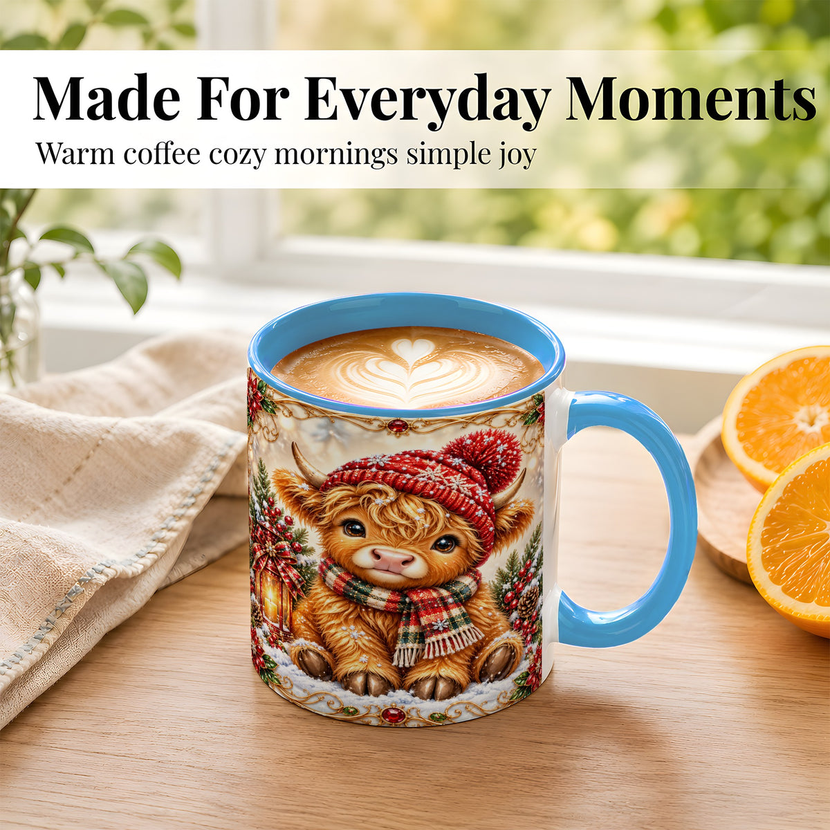 #pl[11oz|Blue] Christmas Highland Cow Coffee Mug, Winter Cow Mug, Ceramic Cup