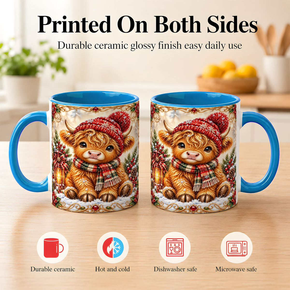 #pl[11oz|Blue] Christmas Highland Cow Coffee Mug, Winter Cow Mug, Ceramic Cup