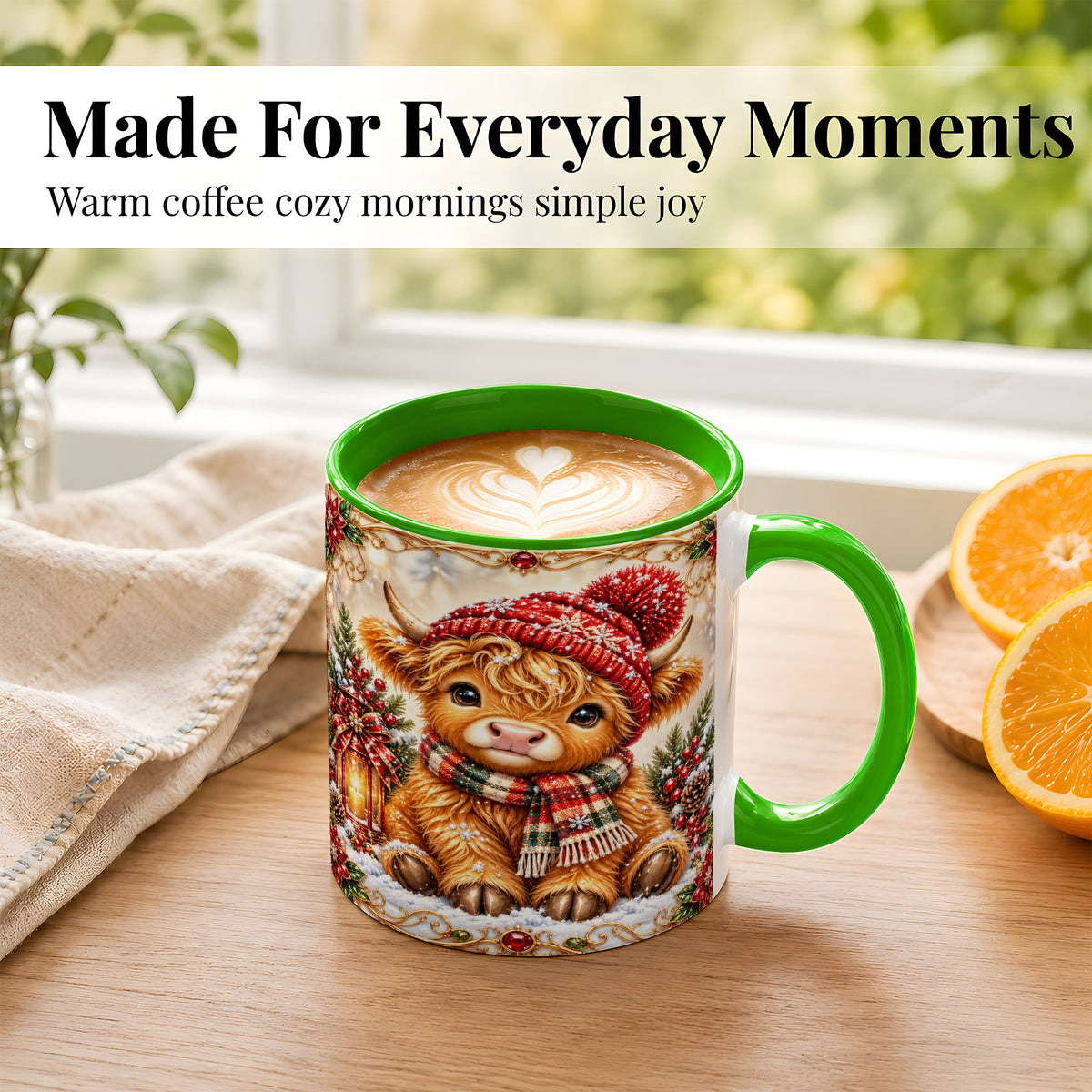 #pl[11oz|Green] Christmas Highland Cow Coffee Mug, Winter Cow Mug, Ceramic Cup