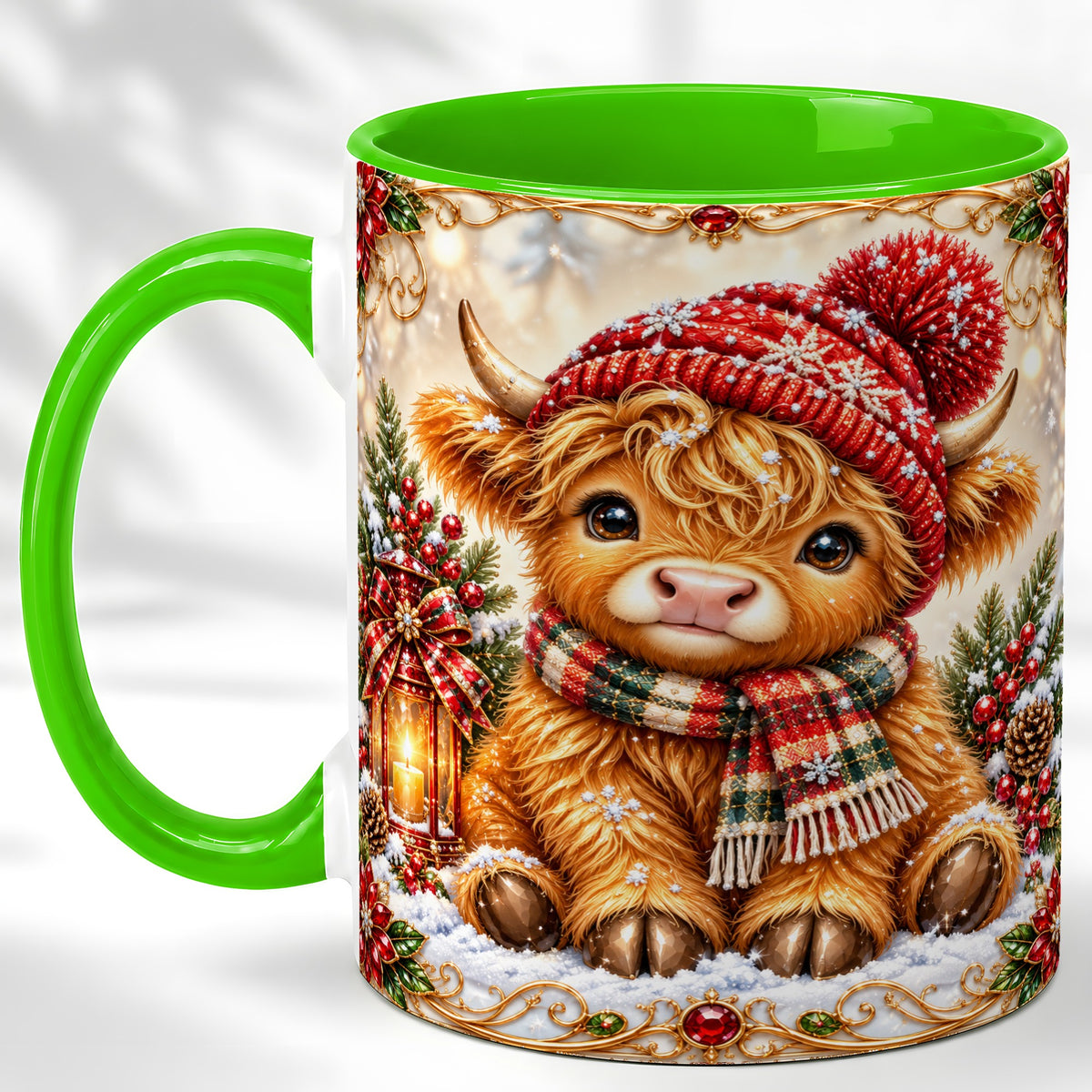 #pl[11oz|Green] Christmas Highland Cow Coffee Mug, Winter Cow Mug, Ceramic Cup