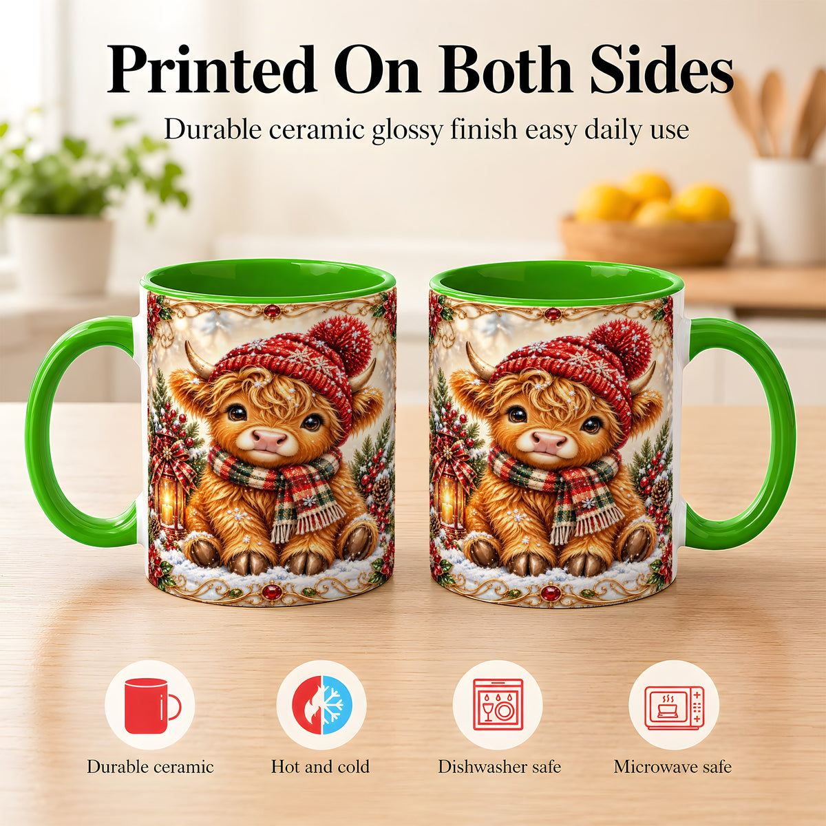#pl[11oz|Green] Christmas Highland Cow Coffee Mug, Winter Cow Mug, Ceramic Cup