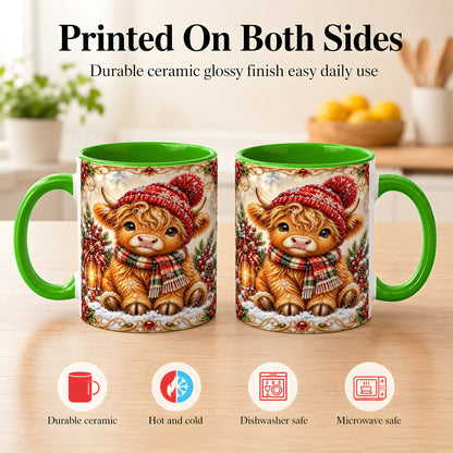 #pl[11oz|Green] Christmas Highland Cow Coffee Mug, Winter Cow Mug, Ceramic Cup