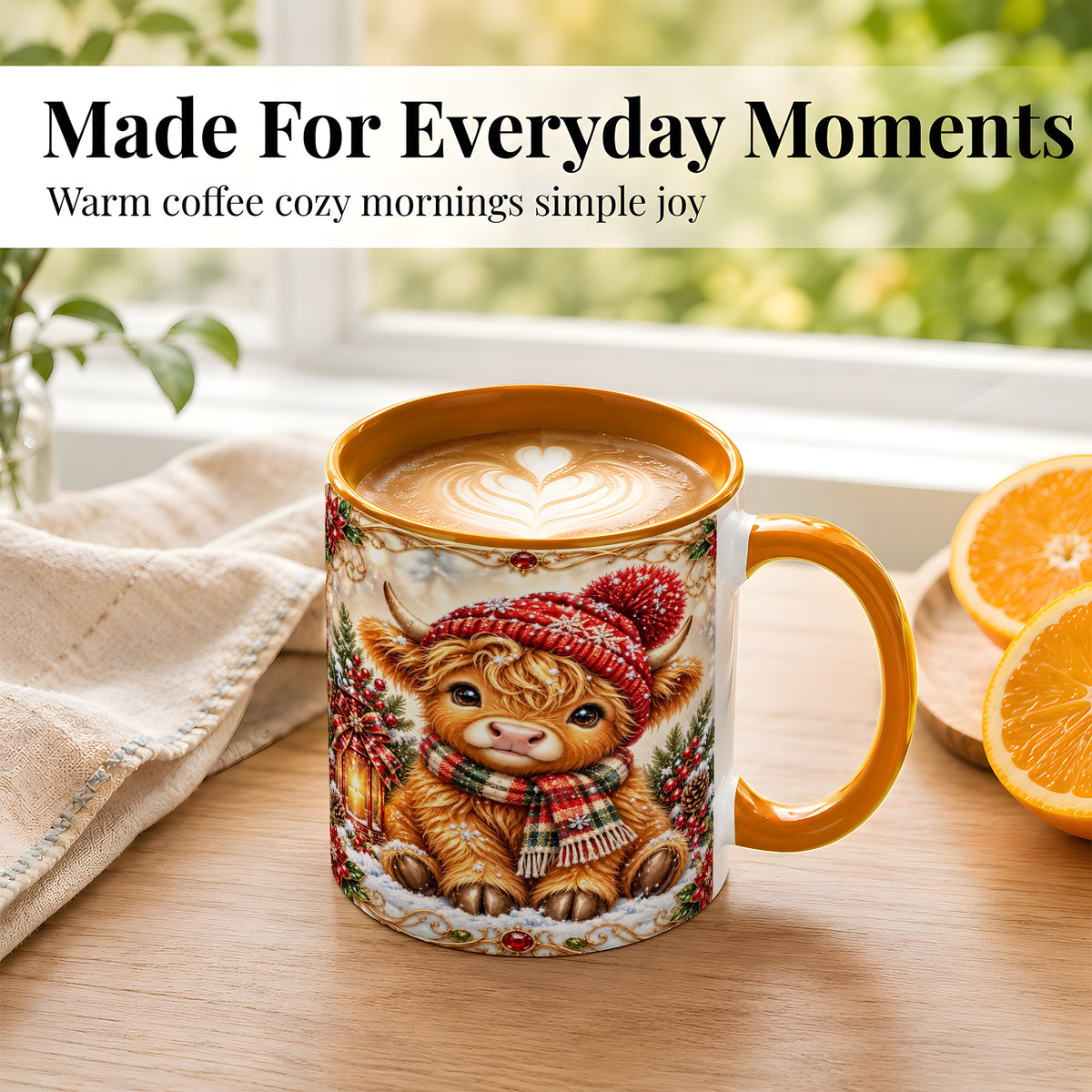 #pl[11oz|Orange] Christmas Highland Cow Coffee Mug, Winter Cow Mug, Ceramic Cup