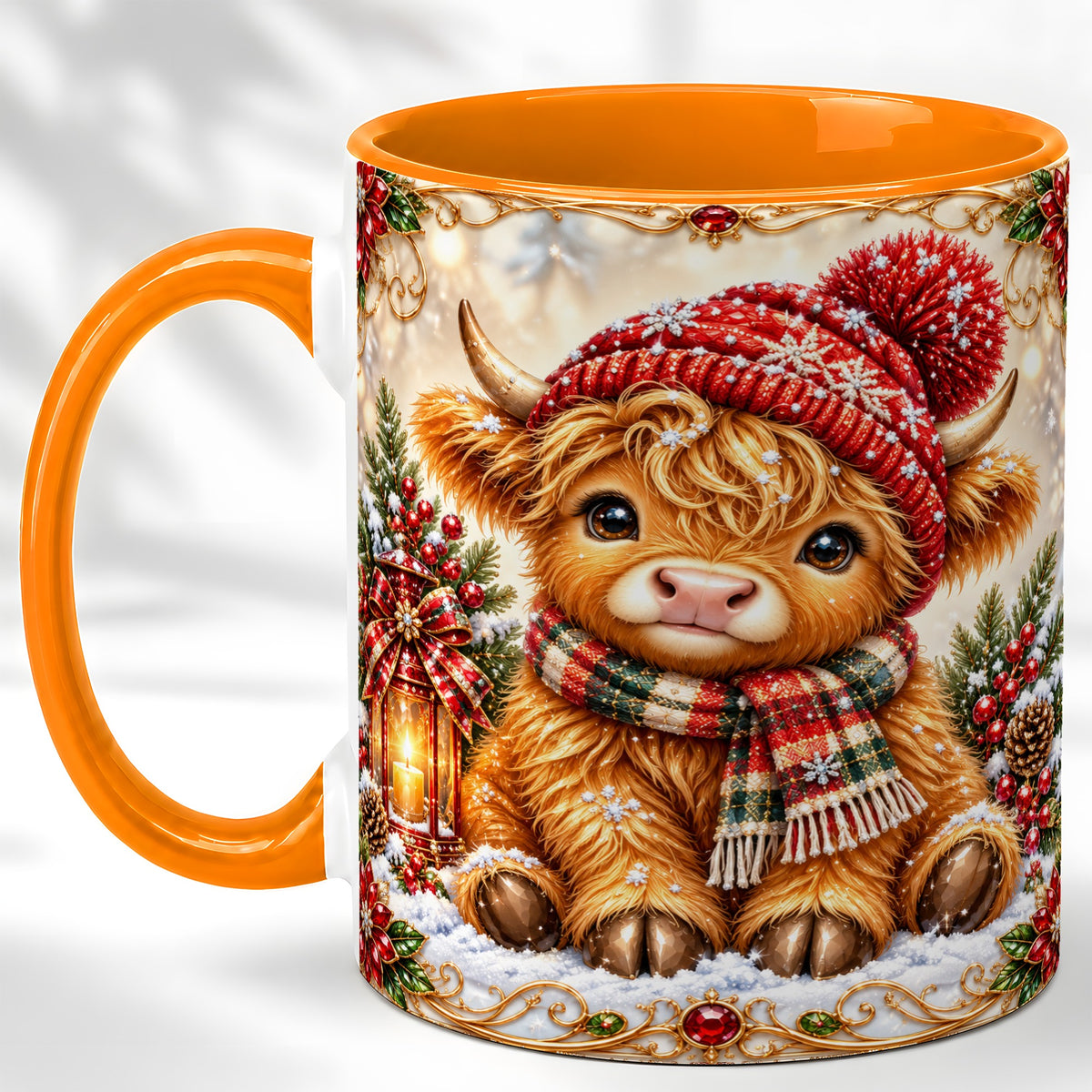 #pl[11oz|Orange] Christmas Highland Cow Coffee Mug, Winter Cow Mug, Ceramic Cup