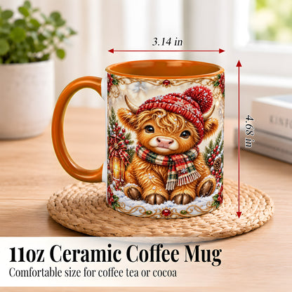 #pl[11oz|Orange] Christmas Highland Cow Coffee Mug, Winter Cow Mug, Ceramic Cup