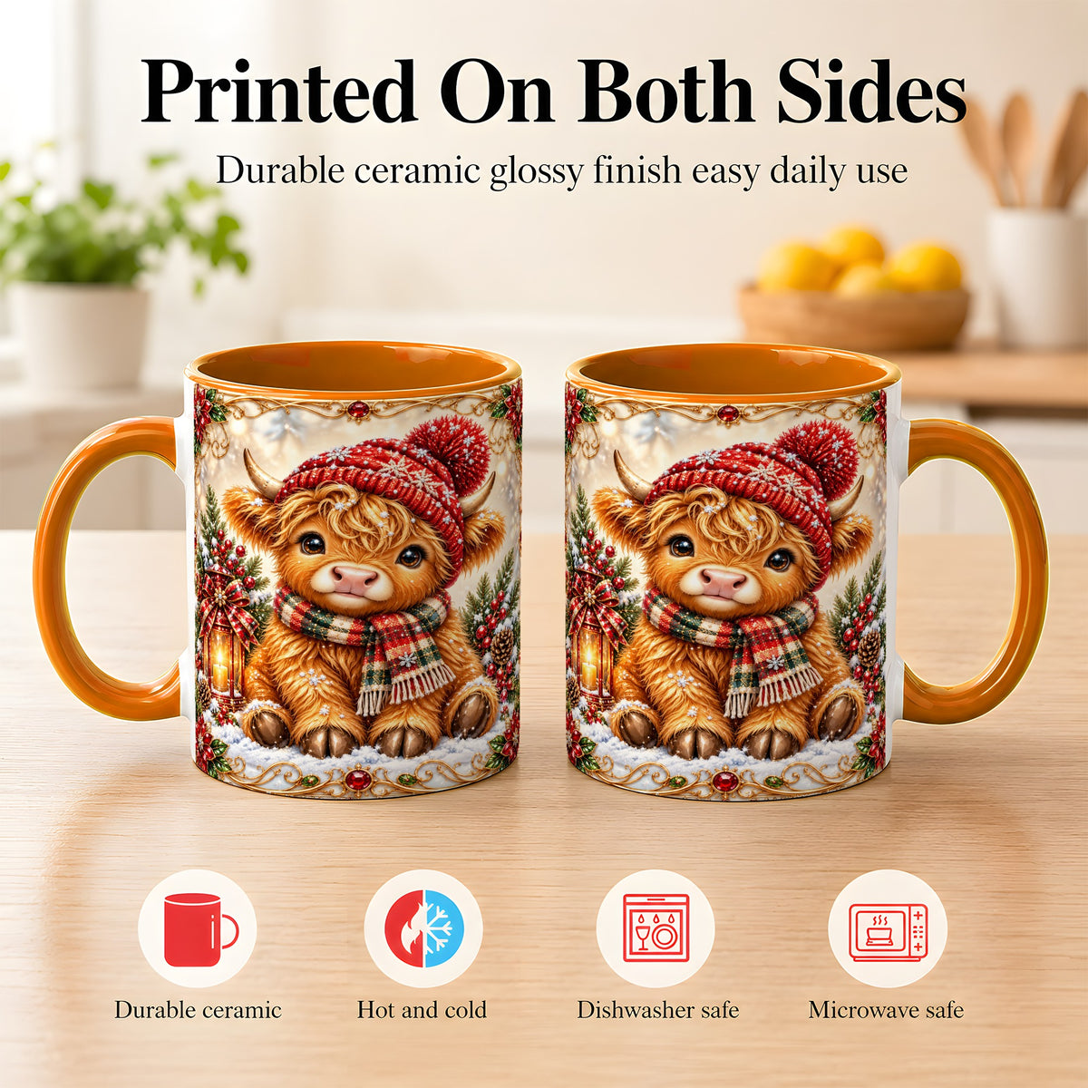 #pl[11oz|Orange] Christmas Highland Cow Coffee Mug, Winter Cow Mug, Ceramic Cup