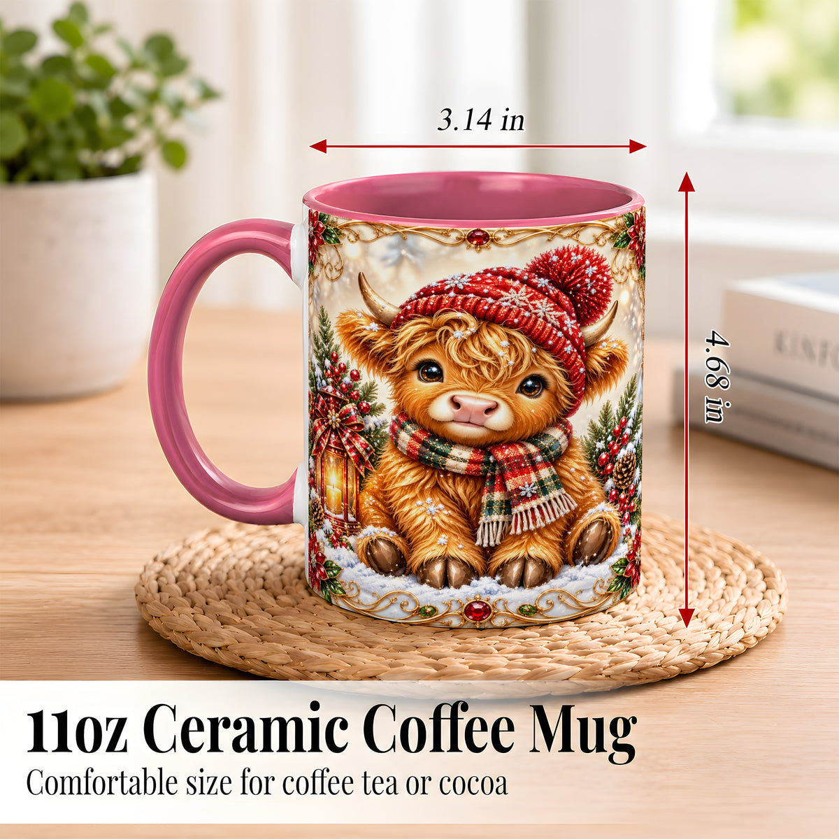 #pl[11oz|Pink] Christmas Highland Cow Coffee Mug, Winter Cow Mug, Ceramic Cup