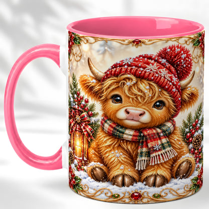 #pl[11oz|Pink] Christmas Highland Cow Coffee Mug, Winter Cow Mug, Ceramic Cup