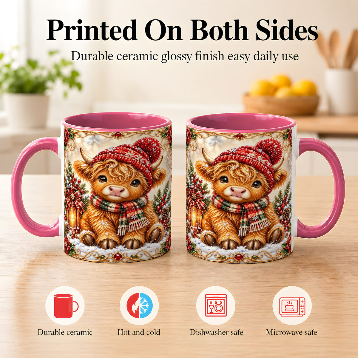 #pl[11oz|Pink] Christmas Highland Cow Coffee Mug, Winter Cow Mug, Ceramic Cup