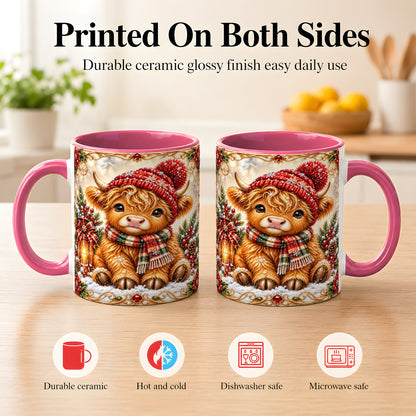 #pl[11oz|Pink] Christmas Highland Cow Coffee Mug, Winter Cow Mug, Ceramic Cup