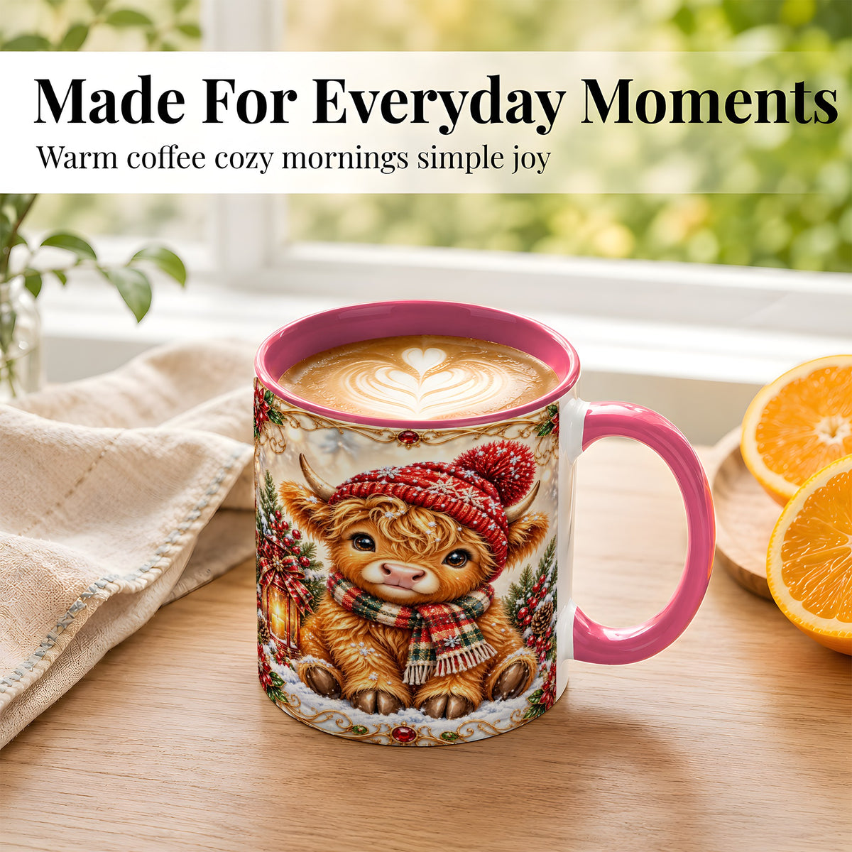 #pl[11oz|Pink] Christmas Highland Cow Coffee Mug, Winter Cow Mug, Ceramic Cup