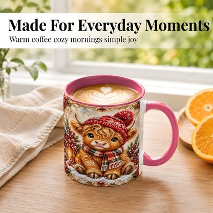 #pl[11oz|Pink] Christmas Highland Cow Coffee Mug, Winter Cow Mug, Ceramic Cup
