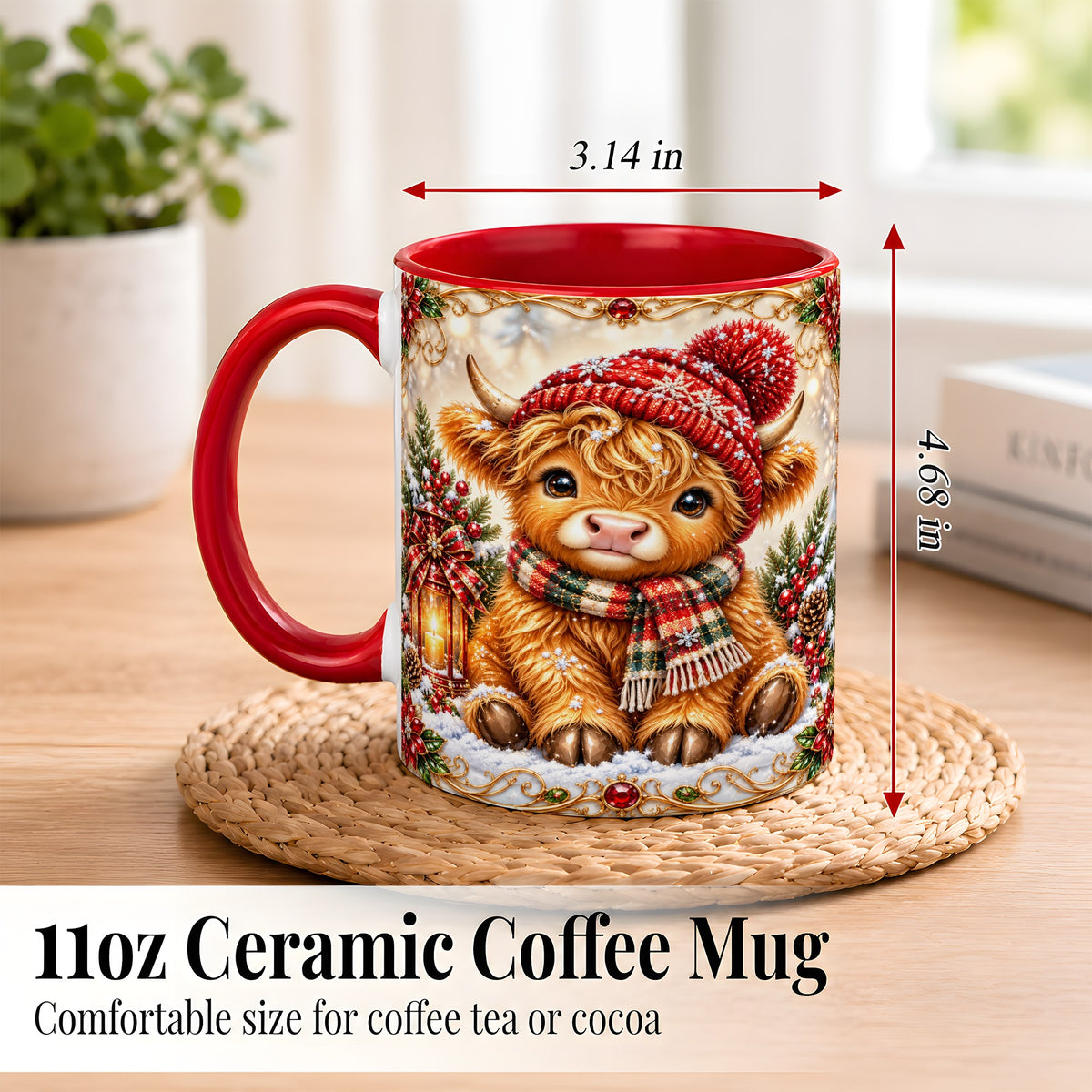 #pl[11oz|Red] Christmas Highland Cow Coffee Mug, Winter Cow Mug, Ceramic Cup