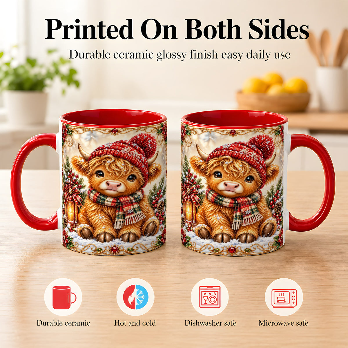#pl[11oz|Red] Christmas Highland Cow Coffee Mug, Winter Cow Mug, Ceramic Cup