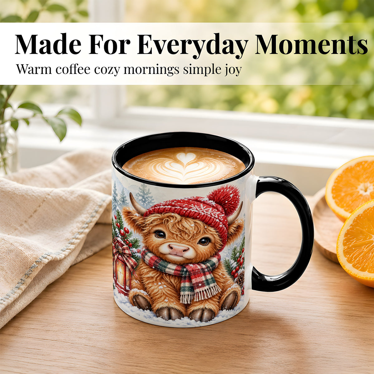 #pl[11oz|Black] Watercolor Highland Cow Coffee Mug, Christmas Cow Mug, Ceramic Cup