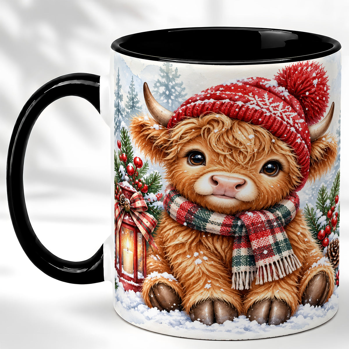 #pl[11oz|Black] Watercolor Highland Cow Coffee Mug, Christmas Cow Mug, Ceramic Cup