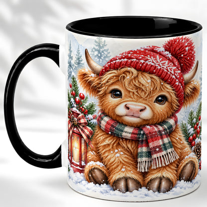 #pl[11oz|Black] Watercolor Highland Cow Coffee Mug, Christmas Cow Mug, Ceramic Cup