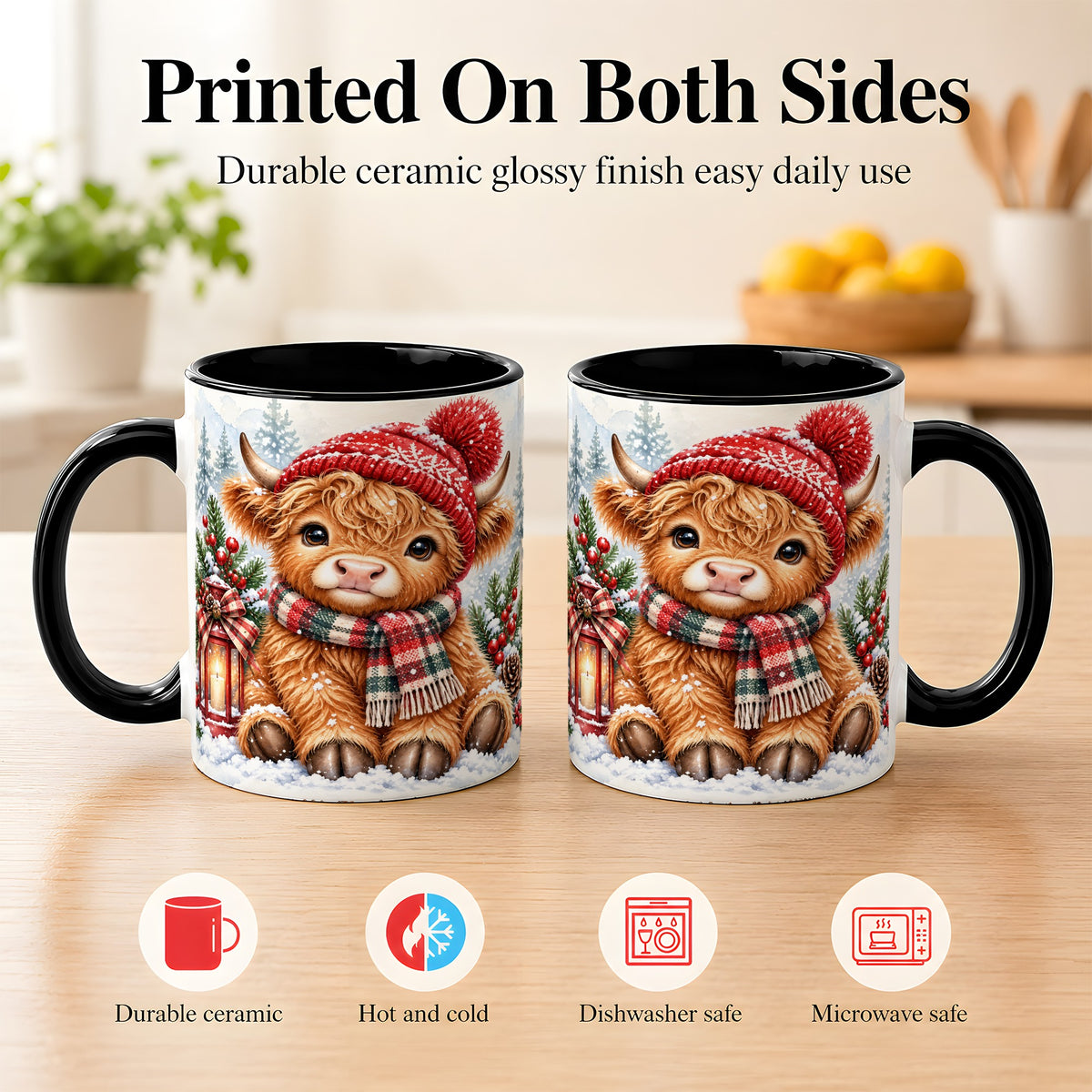 #pl[11oz|Black] Watercolor Highland Cow Coffee Mug, Christmas Cow Mug, Ceramic Cup