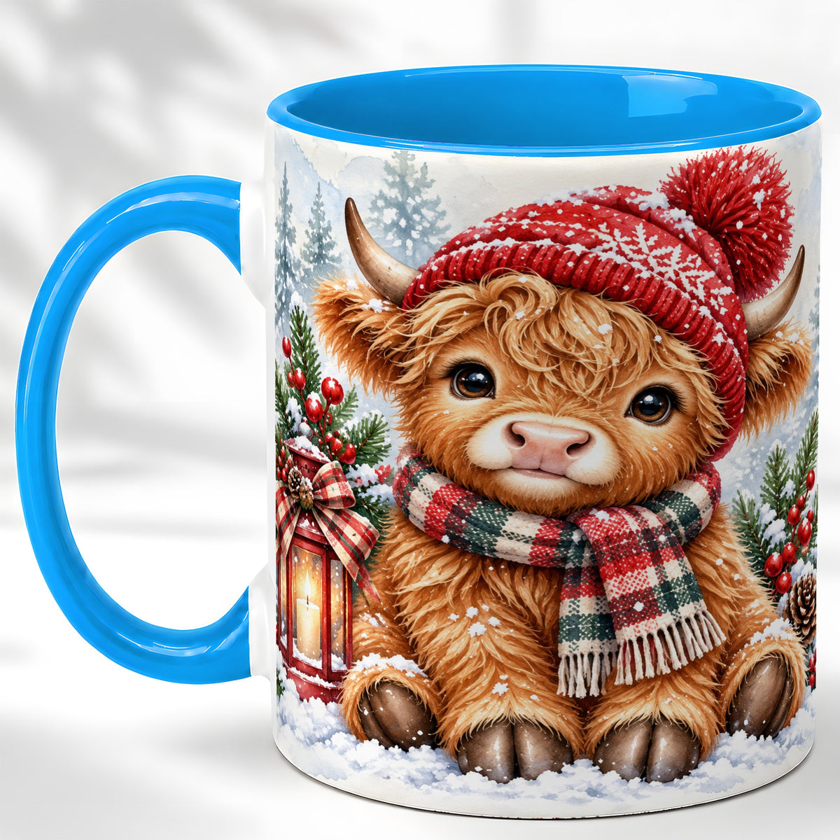 #pl[11oz|Blue] Watercolor Highland Cow Coffee Mug, Christmas Cow Mug, Ceramic Cup
