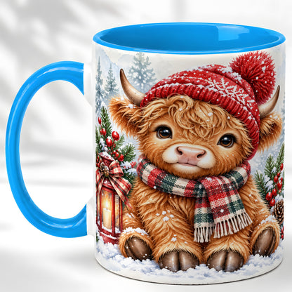 #pl[11oz|Blue] Watercolor Highland Cow Coffee Mug, Christmas Cow Mug, Ceramic Cup