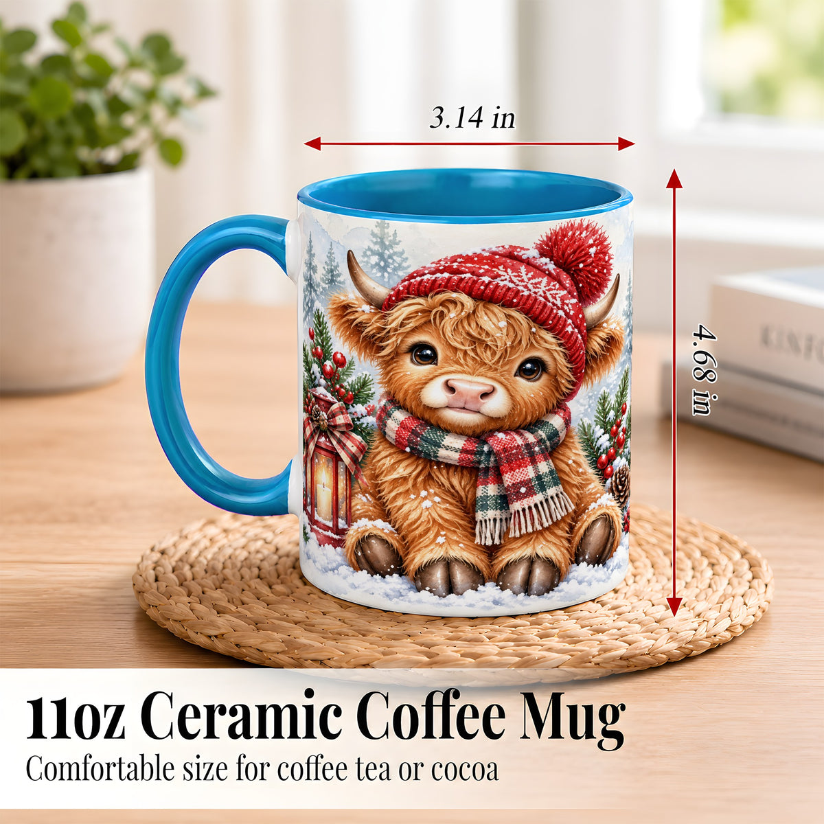 #pl[11oz|Blue] Watercolor Highland Cow Coffee Mug, Christmas Cow Mug, Ceramic Cup