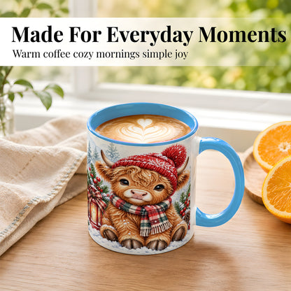 #pl[11oz|Blue] Watercolor Highland Cow Coffee Mug, Christmas Cow Mug, Ceramic Cup