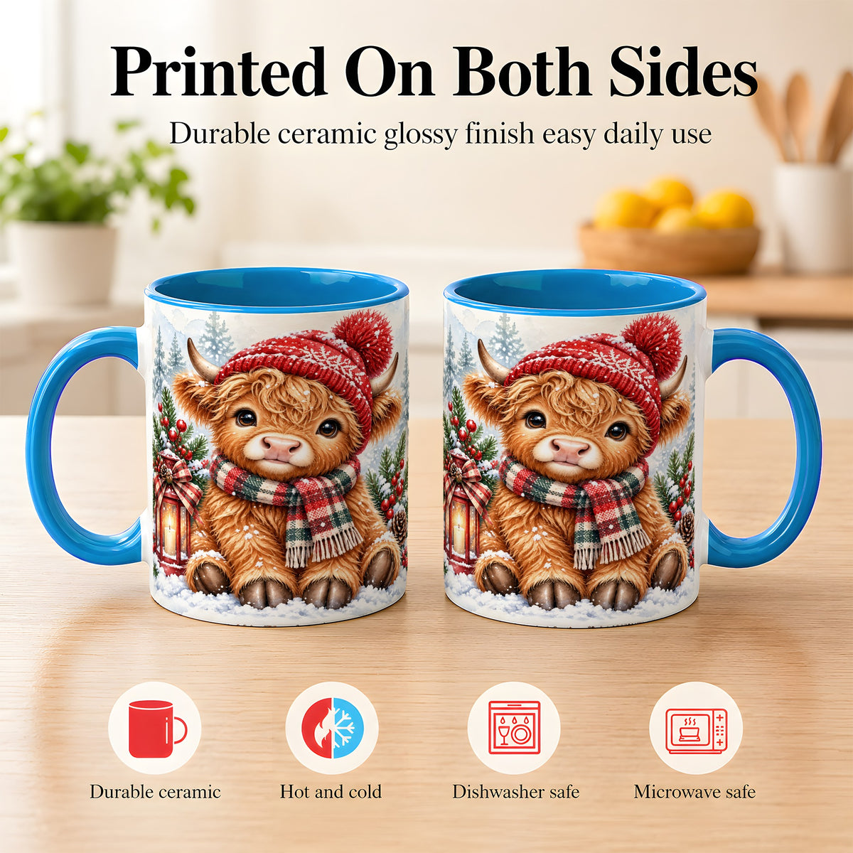 #pl[11oz|Blue] Watercolor Highland Cow Coffee Mug, Christmas Cow Mug, Ceramic Cup