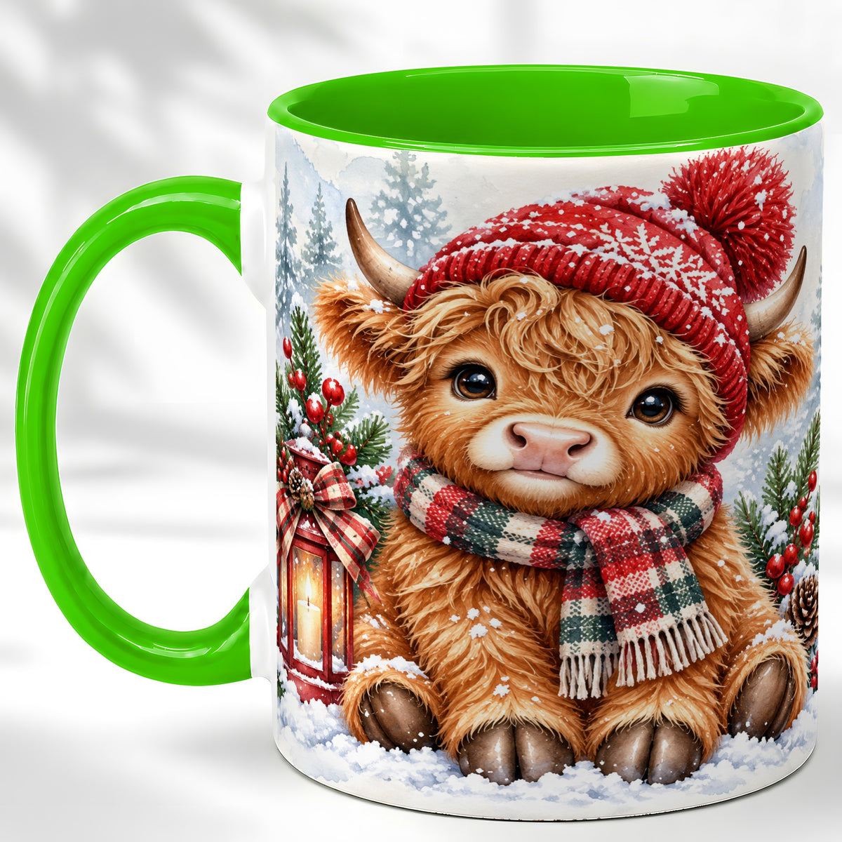 #pl[11oz|Green] Watercolor Highland Cow Coffee Mug, Christmas Cow Mug, Ceramic Cup