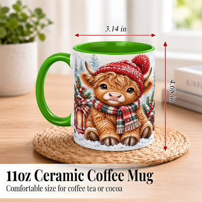 #pl[11oz|Green] Watercolor Highland Cow Coffee Mug, Christmas Cow Mug, Ceramic Cup