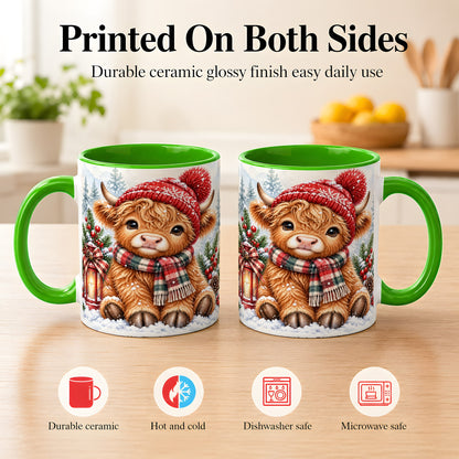 #pl[11oz|Green] Watercolor Highland Cow Coffee Mug, Christmas Cow Mug, Ceramic Cup