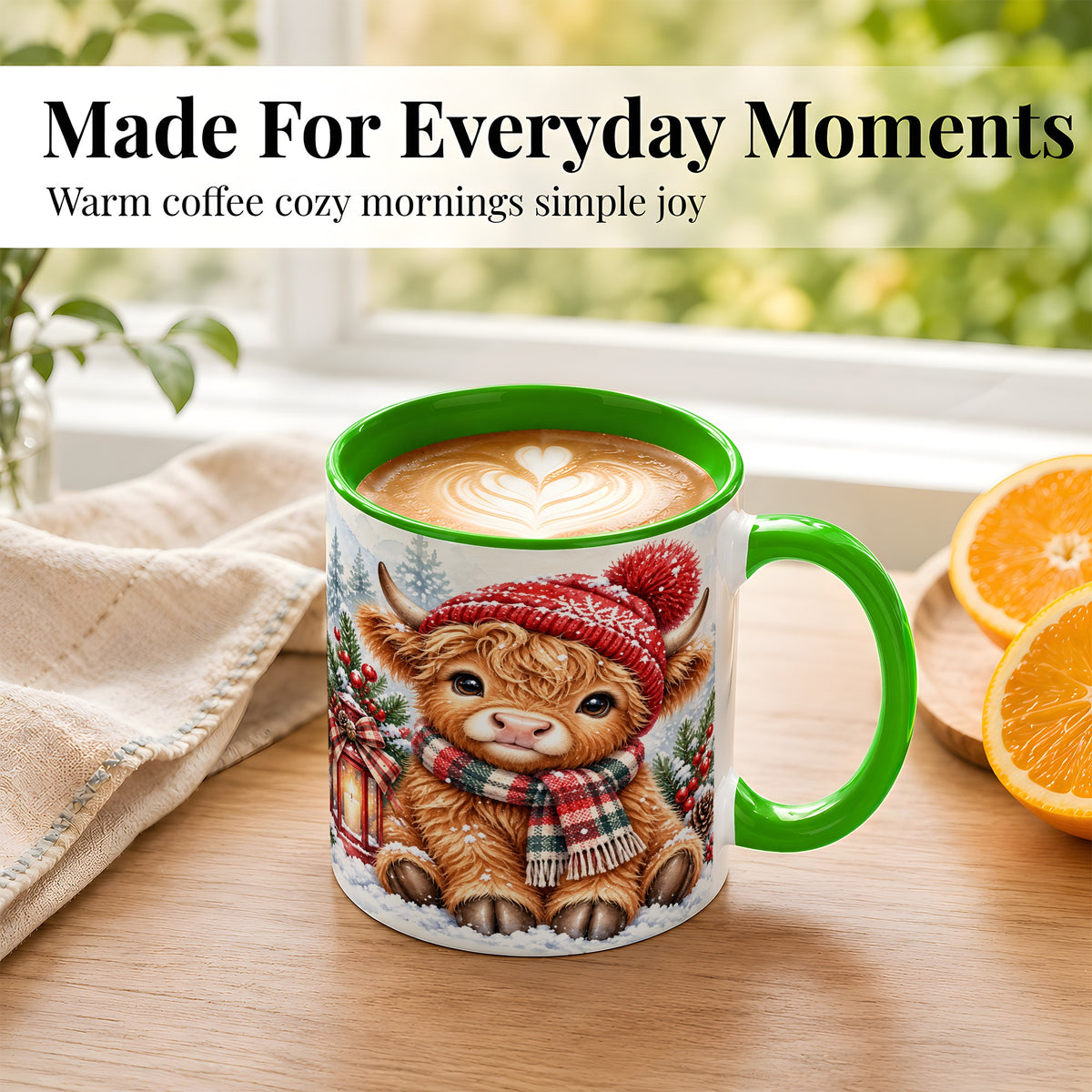 #pl[11oz|Green] Watercolor Highland Cow Coffee Mug, Christmas Cow Mug, Ceramic Cup