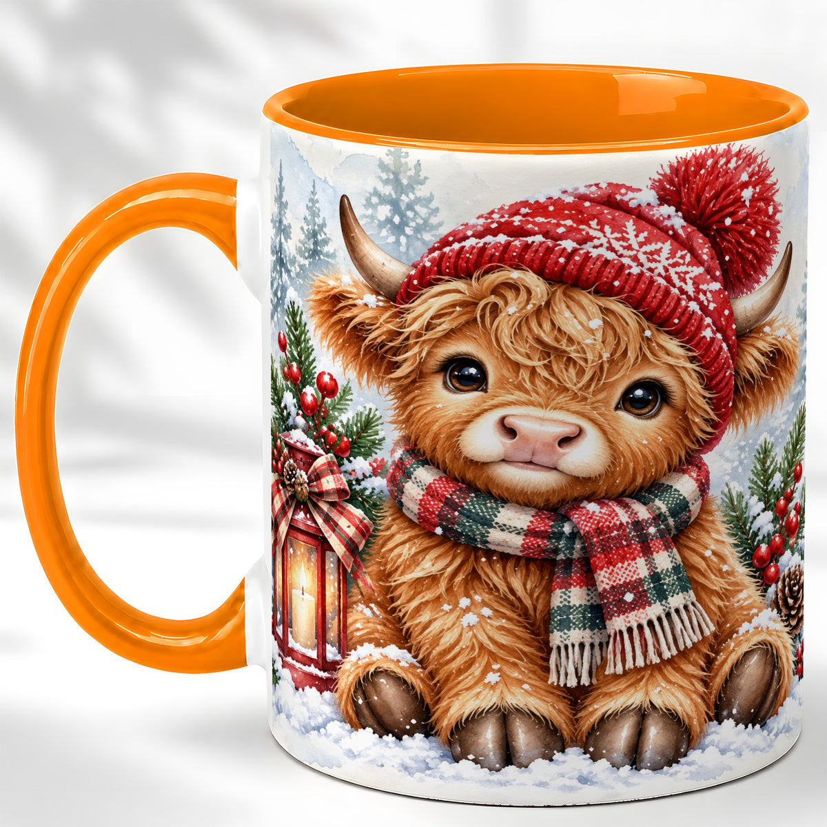 #pl[11oz|Orange] Watercolor Highland Cow Coffee Mug, Christmas Cow Mug, Ceramic Cup
