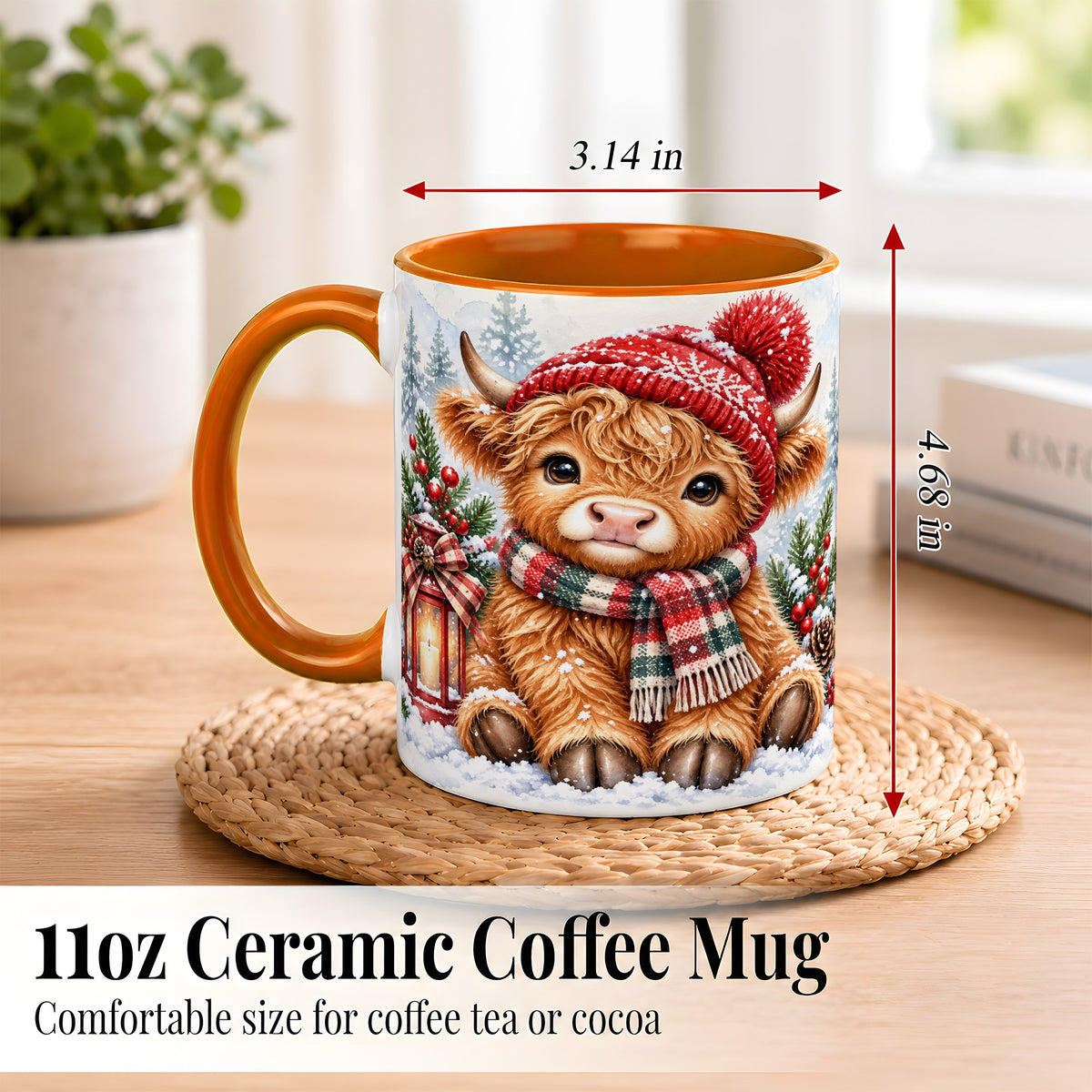 #pl[11oz|Orange] Watercolor Highland Cow Coffee Mug, Christmas Cow Mug, Ceramic Cup