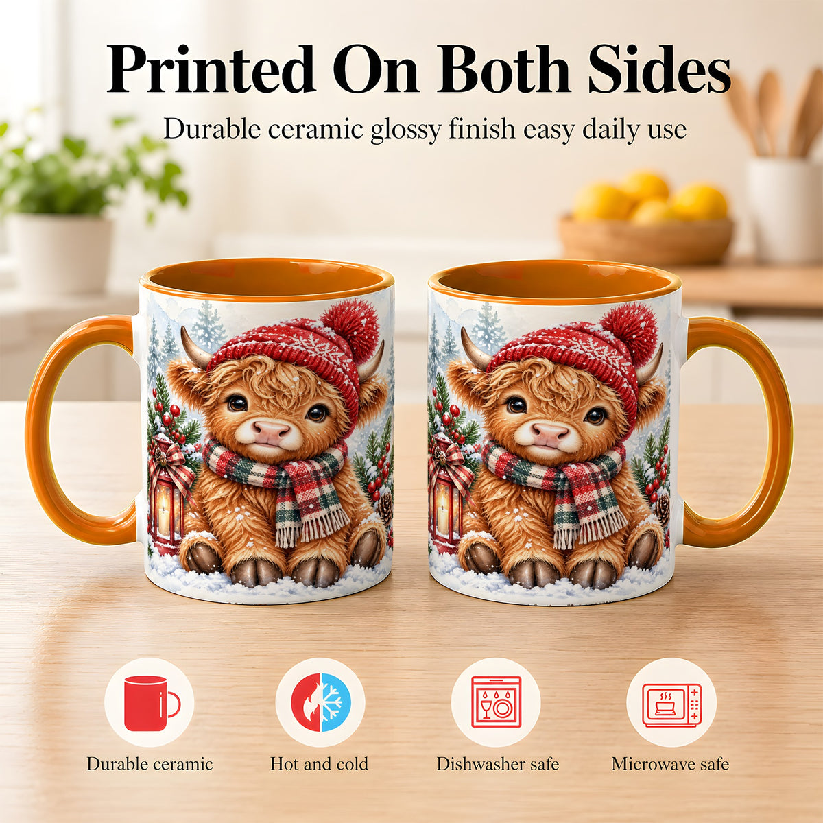 #pl[11oz|Orange] Watercolor Highland Cow Coffee Mug, Christmas Cow Mug, Ceramic Cup