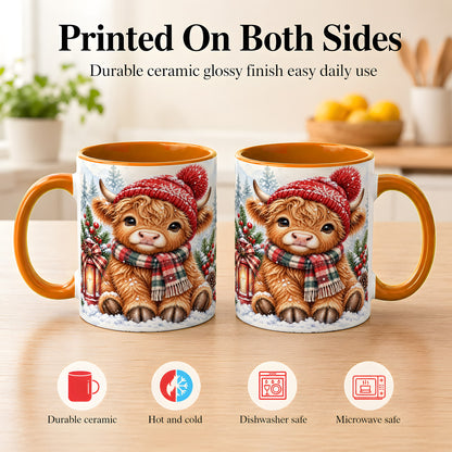 #pl[11oz|Orange] Watercolor Highland Cow Coffee Mug, Christmas Cow Mug, Ceramic Cup