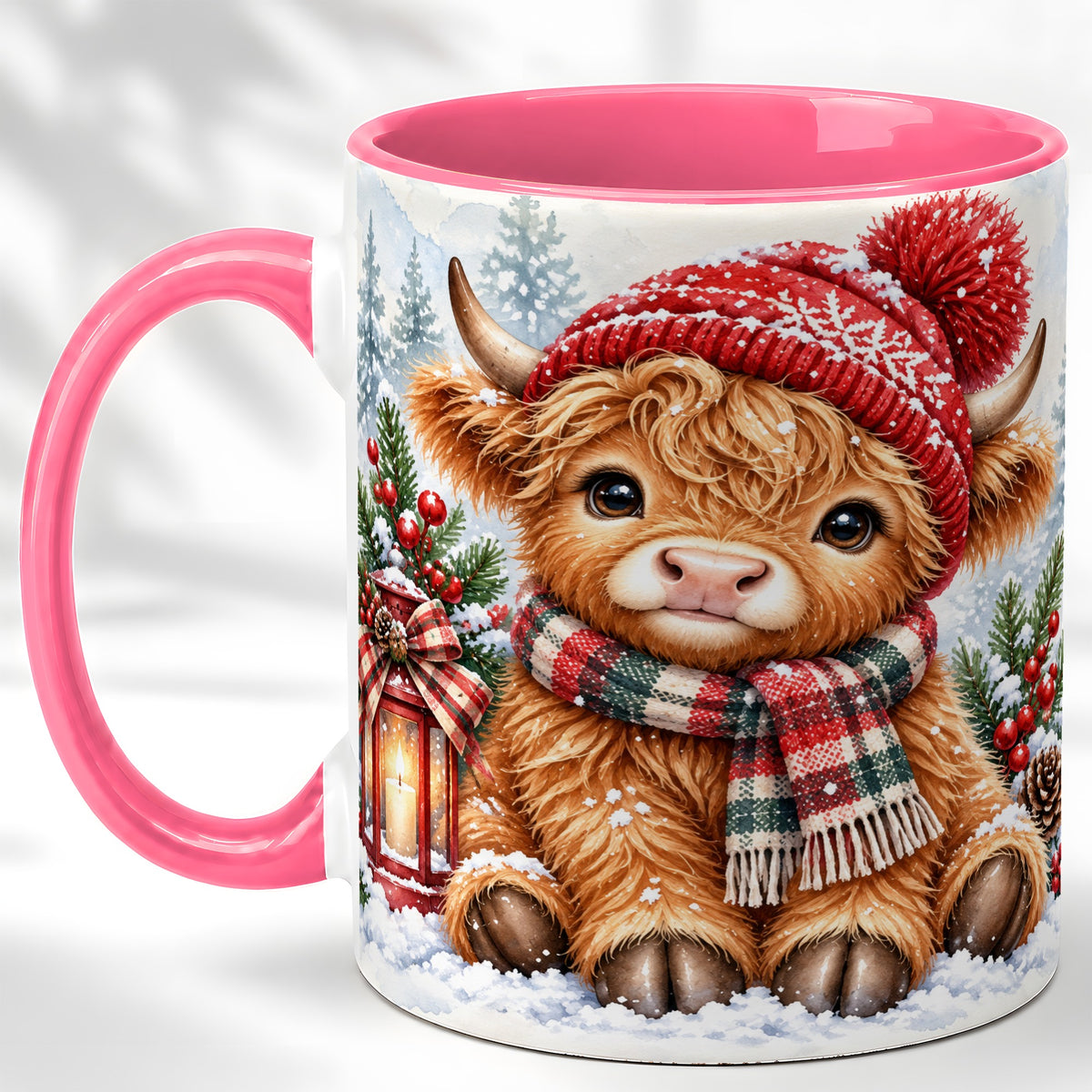 #pl[11oz|Pink] Watercolor Highland Cow Coffee Mug, Christmas Cow Mug, Ceramic Cup